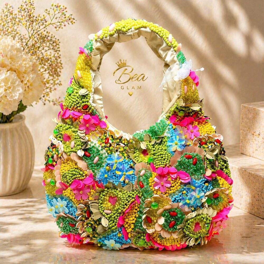 3D Beaded Floral Flowers Purse – Handmade Artisan Sequin Statement Bag, Clutch